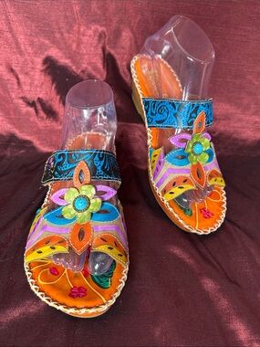 🌈✨ Socofy Boho Floral Colorful Leather Sandals Sz 38/US 7.5 ☀️